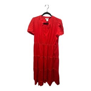 Cynthia Rowley Red Tiered V Neck Short Sleeve Linen Blend Midi Dress M